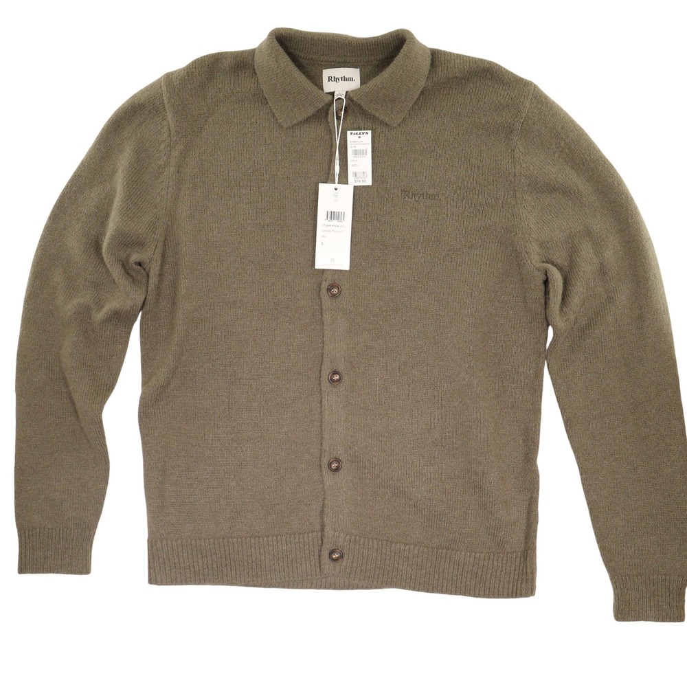 Rhythm Button Up Knit Polo Sweater Mohair Wool Blend Olive Men L NWT